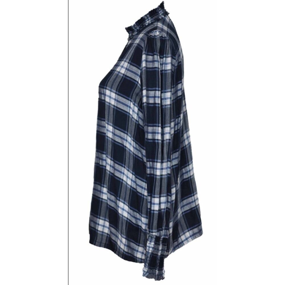 LOFT Blue Plaid Ruffle Mock Neck Blouse Long Sleeve Top - Size M